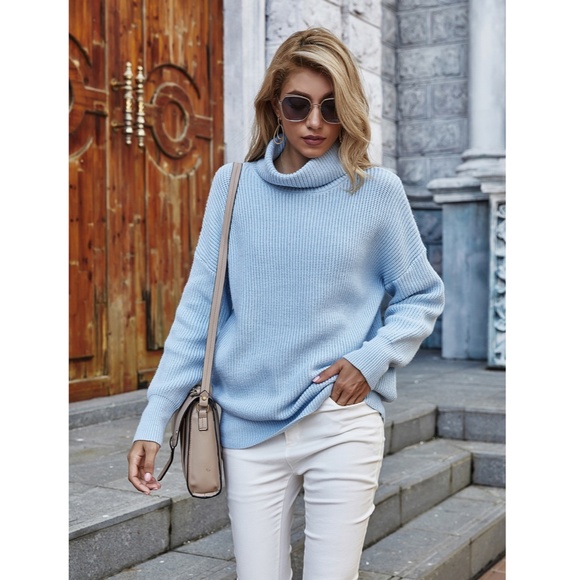 Light Blue Knit Cowl Turtleneck Sweater - Picture 3 of 8